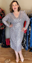 Load image into Gallery viewer, Boohoo Occasion Sequin Plunge Midi Dress, Grey, Size 18