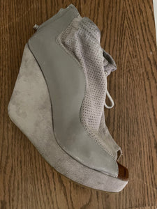 Matiko “Lapa” Suede Open-Toe Platform Wedge Booties, Grey, Size 8