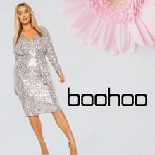 Load image into Gallery viewer, Boohoo Occasion Sequin Plunge Midi Dress, Grey, Size 18